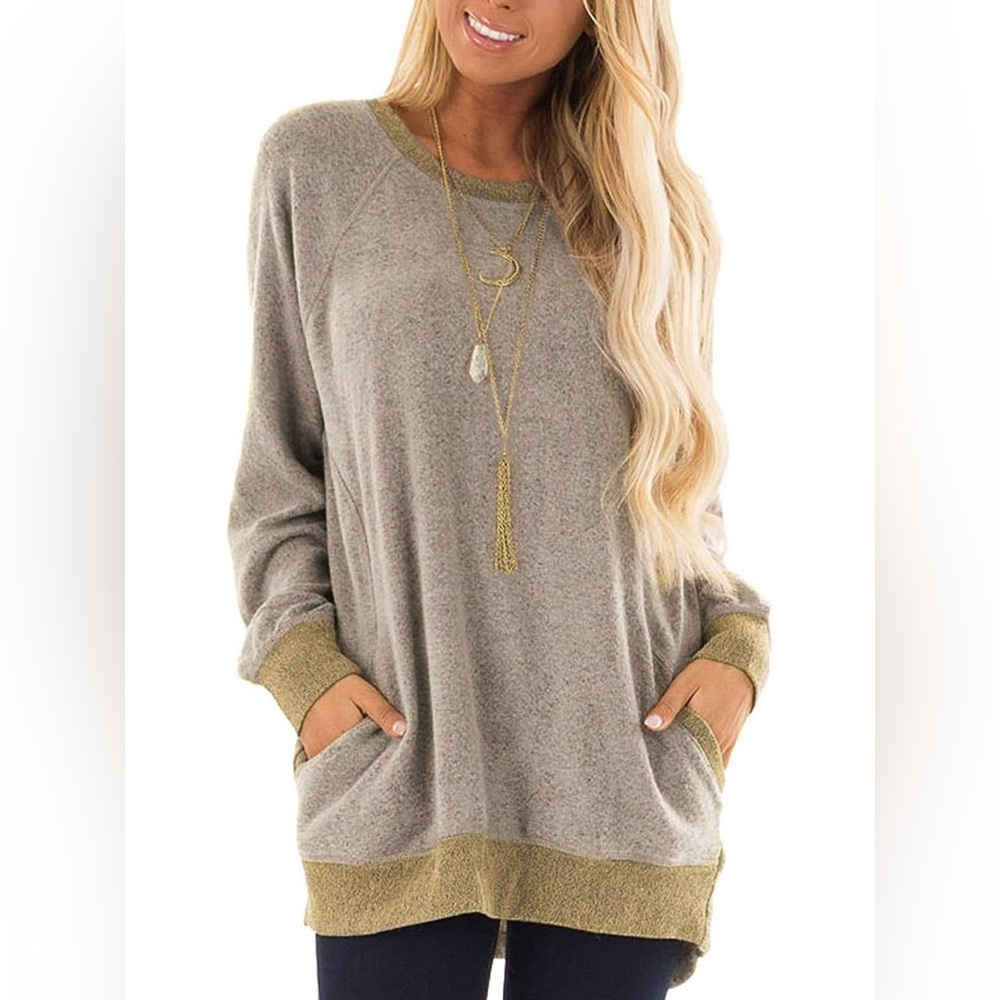 Haute Edition XL Beige Long Sleeve Top with Contrast Trim & Pockets